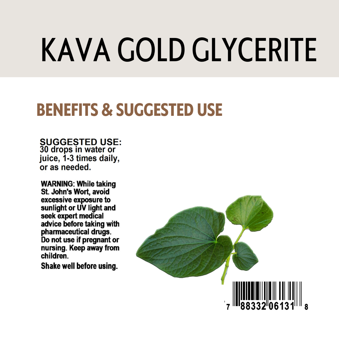Kava Gold Glycerite label with suggested use, warning and barcode.