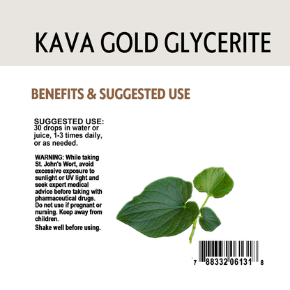 Kava Gold Glycerite label with suggested use, warning and barcode.