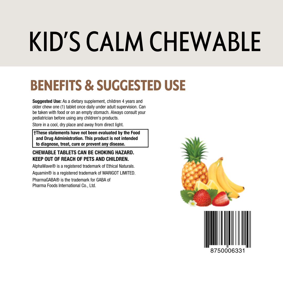 Back label of a 'Kid's Calm Chewable' product with fruit illustrations and text.