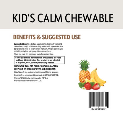 Back label of a 'Kid's Calm Chewable' product with fruit illustrations and text.
