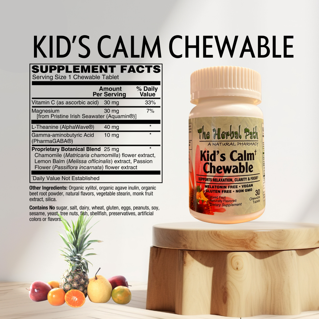 Bottle of 'Kids' Calm Chewable' supplement with ingredients list on a wooden surface.
