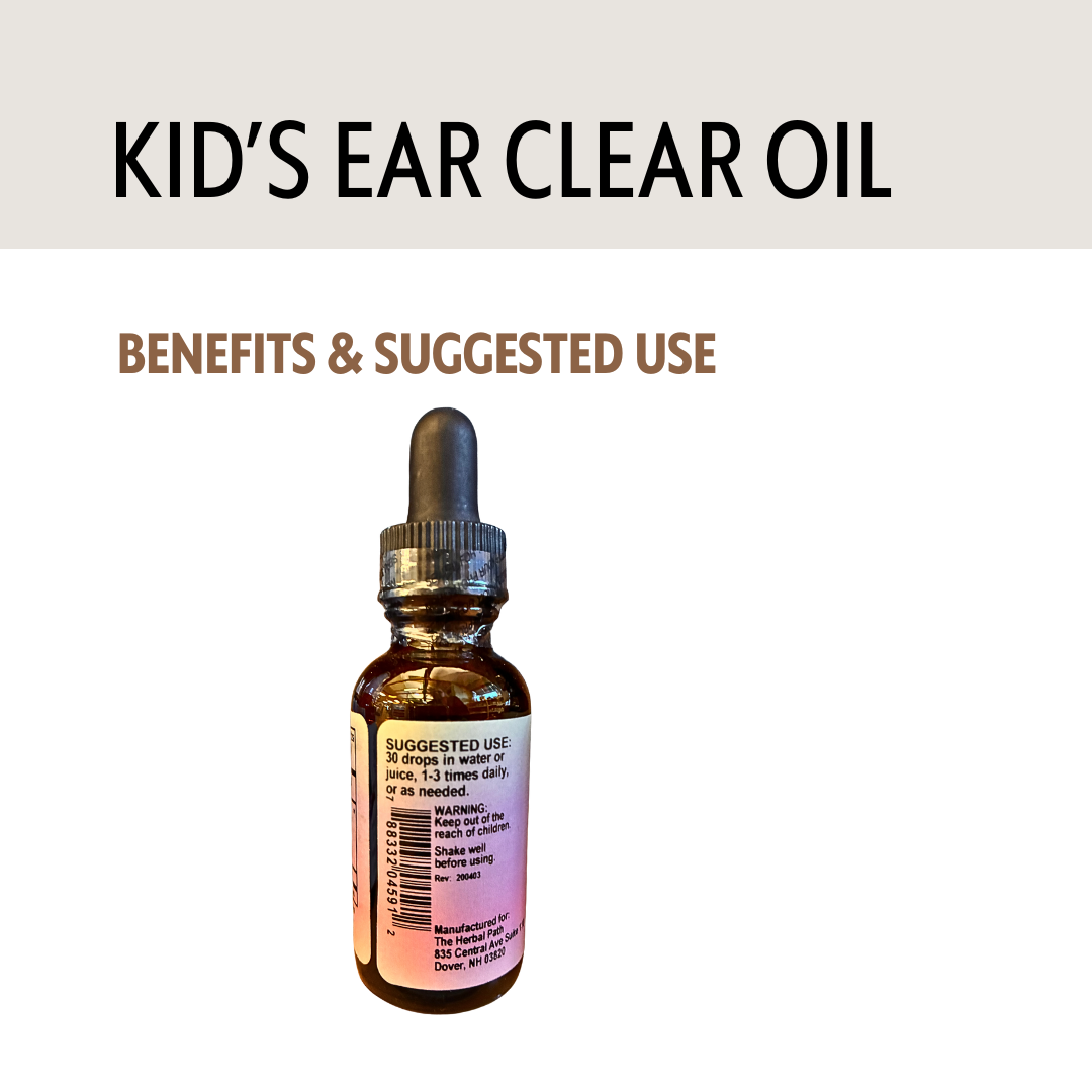 Bottle of 'Kid's Ear Clear Oil' with text about benefits and use on a light gray background
