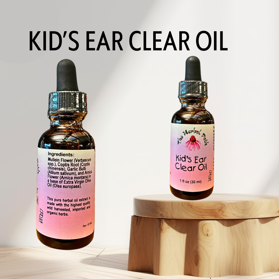 Two bottles of 'Kid's Ear Clear Oil' on a wooden stand with a light background.