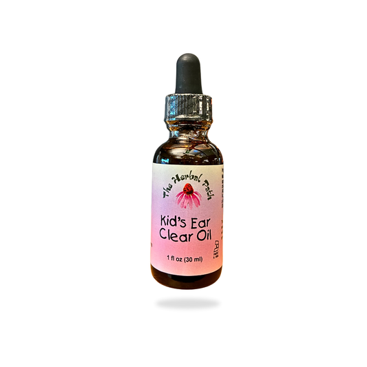 Bottle of 'Kid's Ear Clear Oil' with a gradient label on a white background