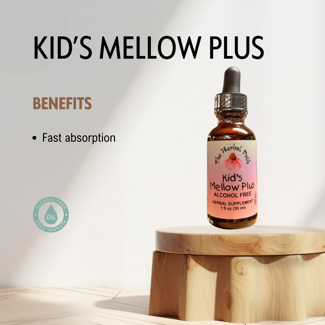 Bottle of 'Kid's Mellow Plus' on a wooden stand with benefits listed.