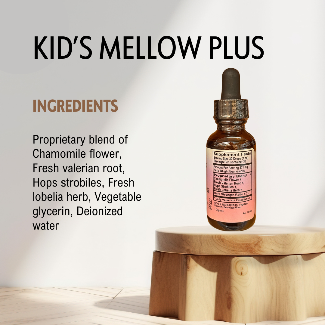 Bottle of 'Kid's Mellow Plus' on a wooden stand with ingredient list on a light background