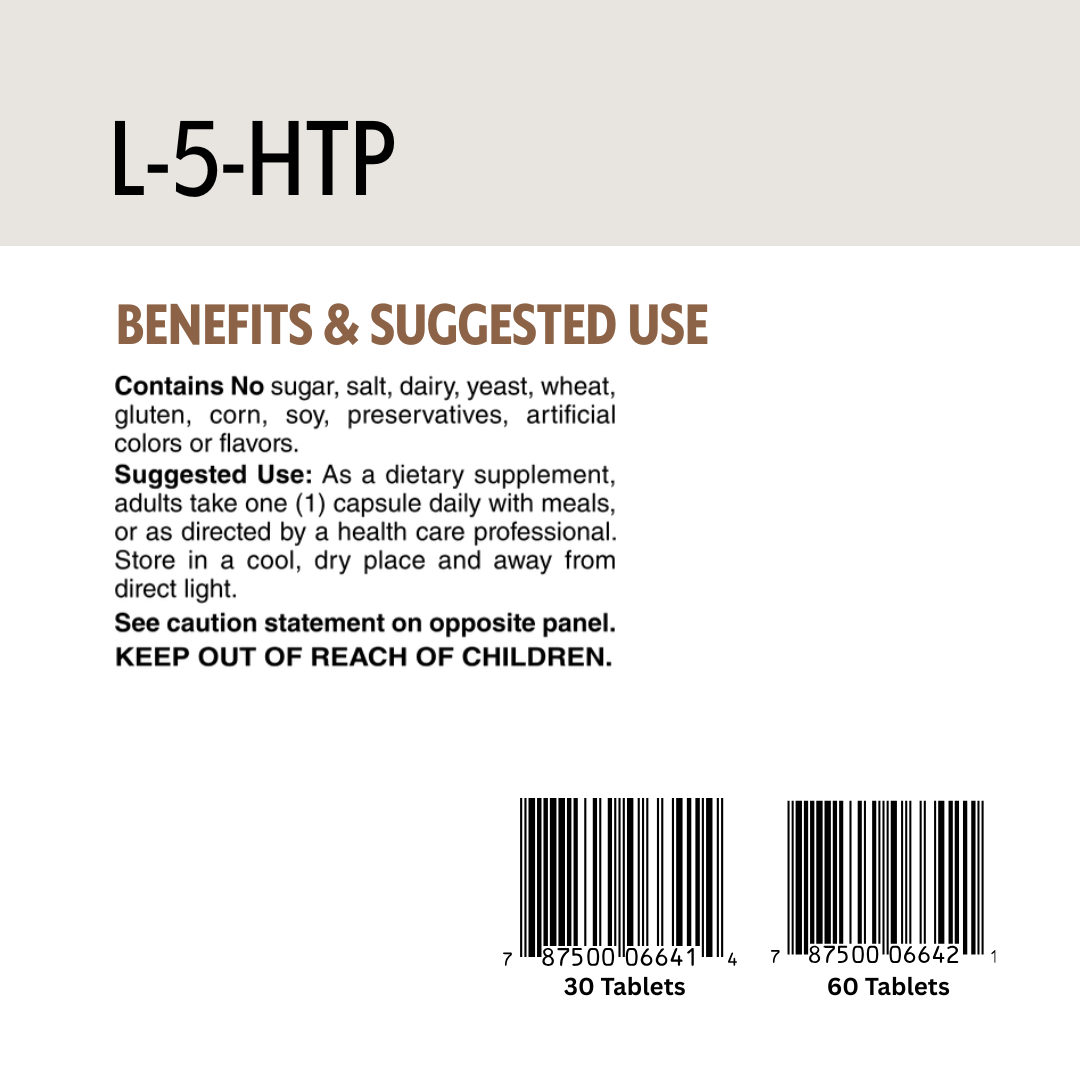 L-5-HTP supplement label with benefits, suggested use, and product details on a white background.