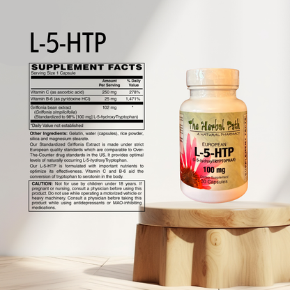 L-5-HTP supplement bottle with label on a wooden block against a white background