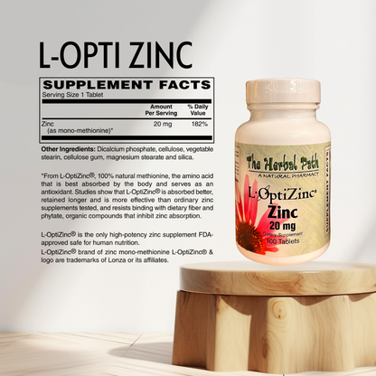 L-Opti Zinc supplement bottle on a wooden stand with supplement facts displayed.