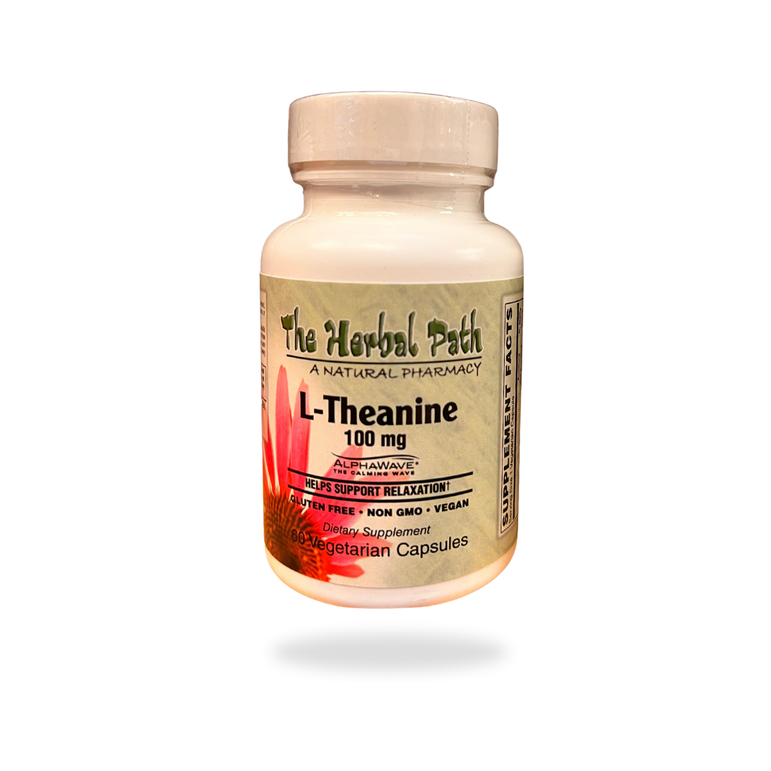 Bottle of L-Theanine supplement from The Herbal Path on a white background.