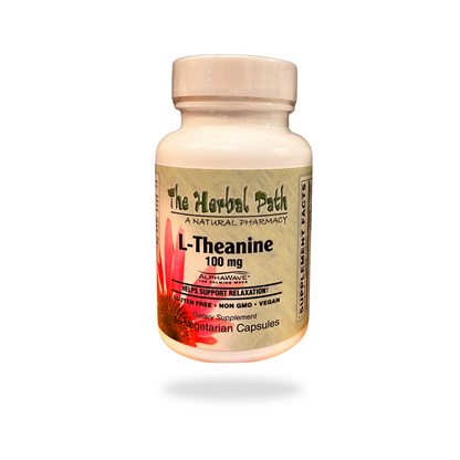 Bottle of L-Theanine supplement from The Herbal Path on a white background.