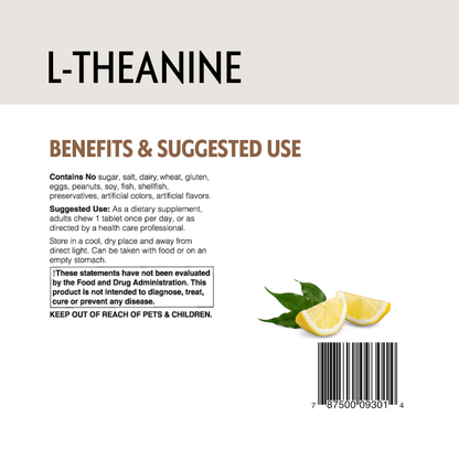 L-Theanine supplement label with lemon slices and text on a white background