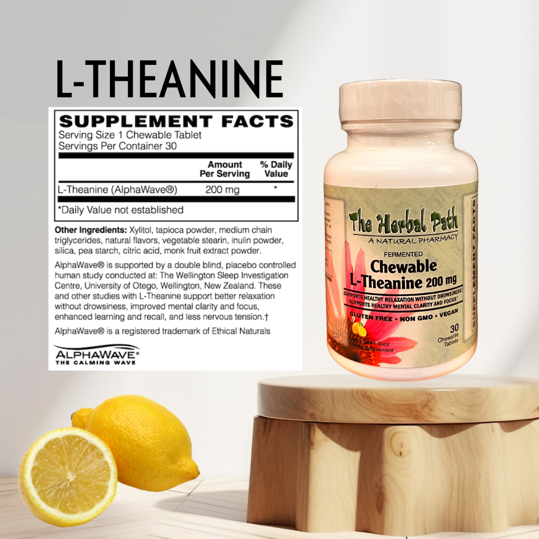 Supplement bottle labeled 'L-Theanine' with lemon on a light background
