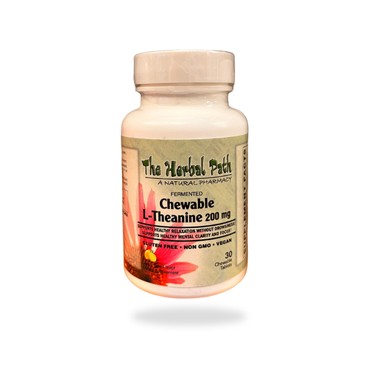 Bottle of The Herbal Path Chewable L-Theanine 200 mg on a white background