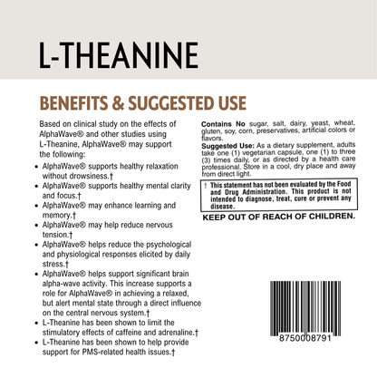 Back of a supplement package with L-Theanine benefits, barcode and suggested use text.