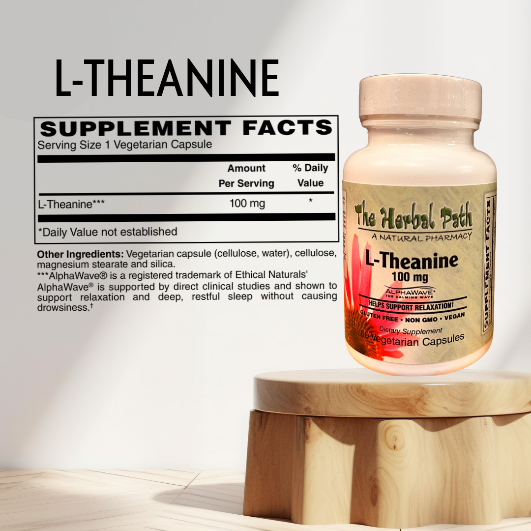 L-Theanine supplement bottle with label on a wooden stand against a light background.