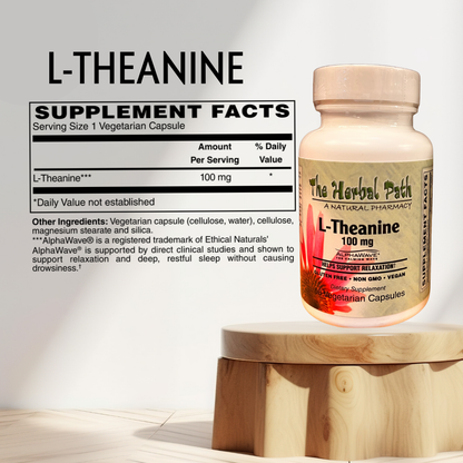 L-Theanine supplement bottle with label on a wooden stand against a light background.
