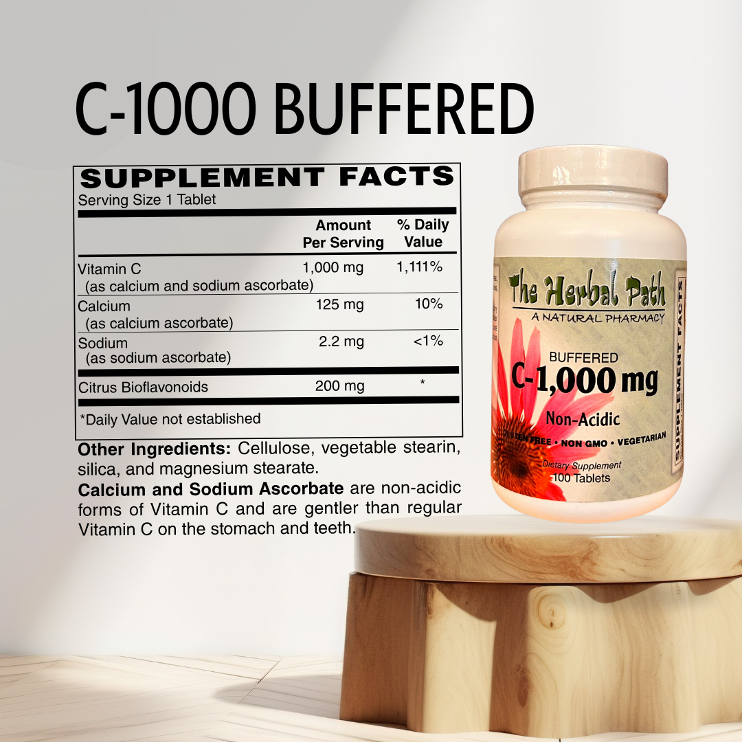 Vitamin C supplement bottle of 100 tablets labeled 'C-1000 Buffered' with supplement facts 