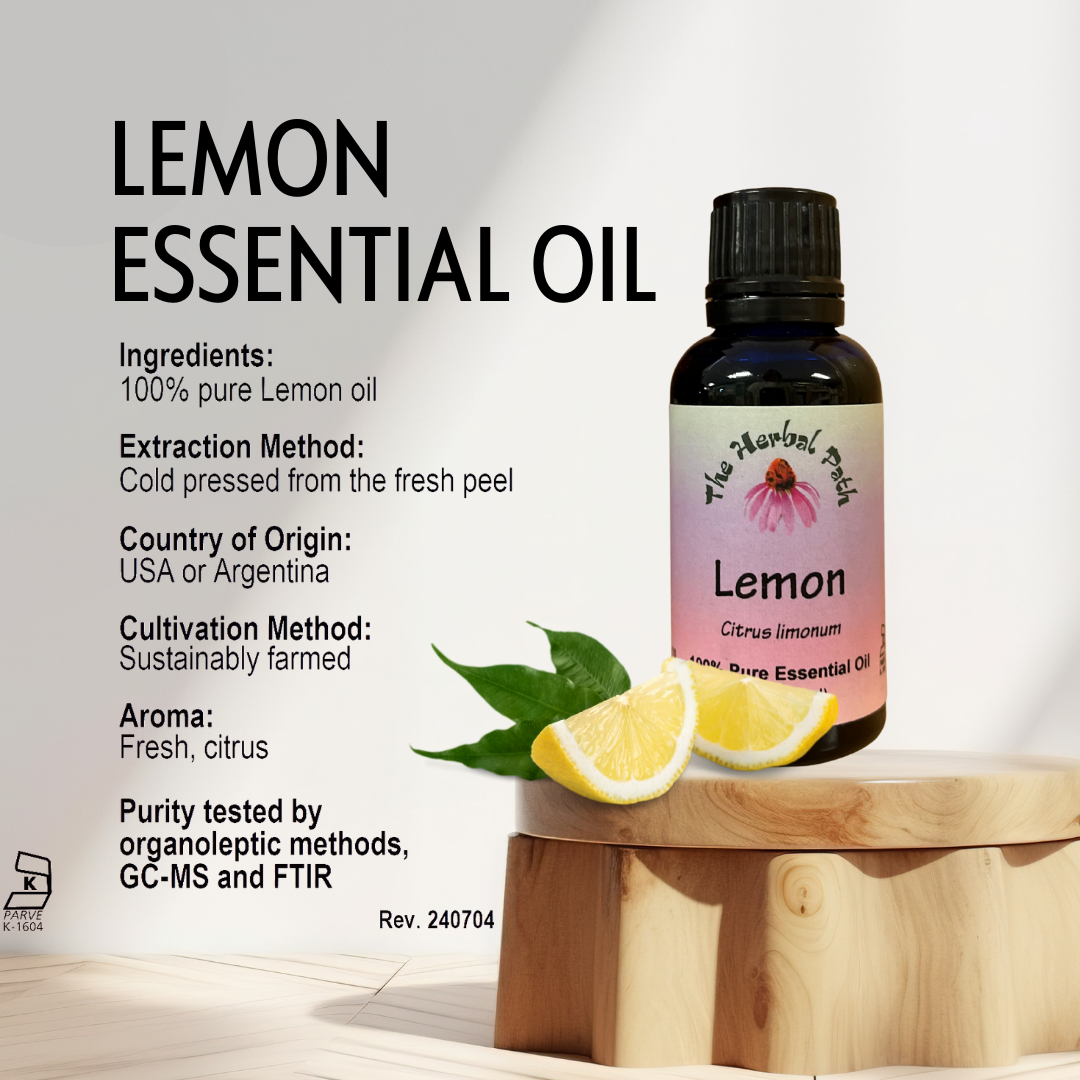 Bottle of lemon essential oil with a label, surrounded by lemon slices and leaves on a wooden block.