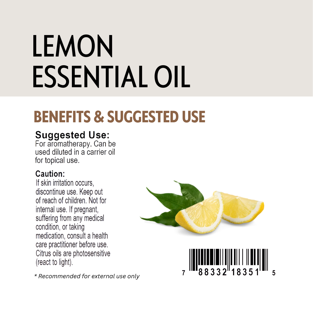 Lemon essential oil label with text and lemon slices on a white background