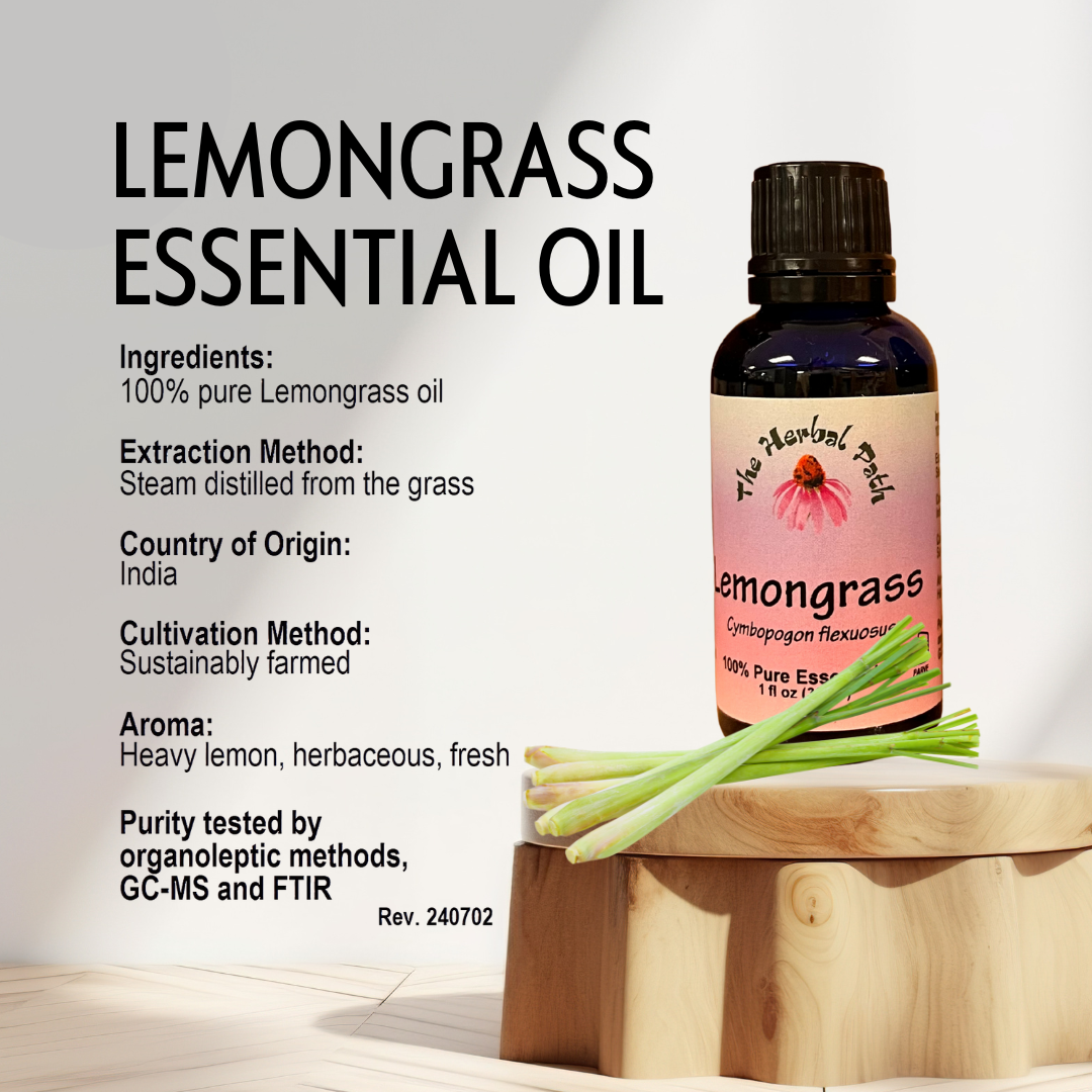 Lemongrass essential oil bottle with product details on a light background