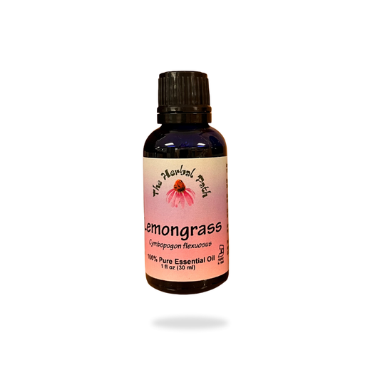 Bottle of lemongrass essential oil with a pink label on a white background