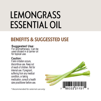 Lemongrass essential oil label with benefits, suggested use, and caution information.