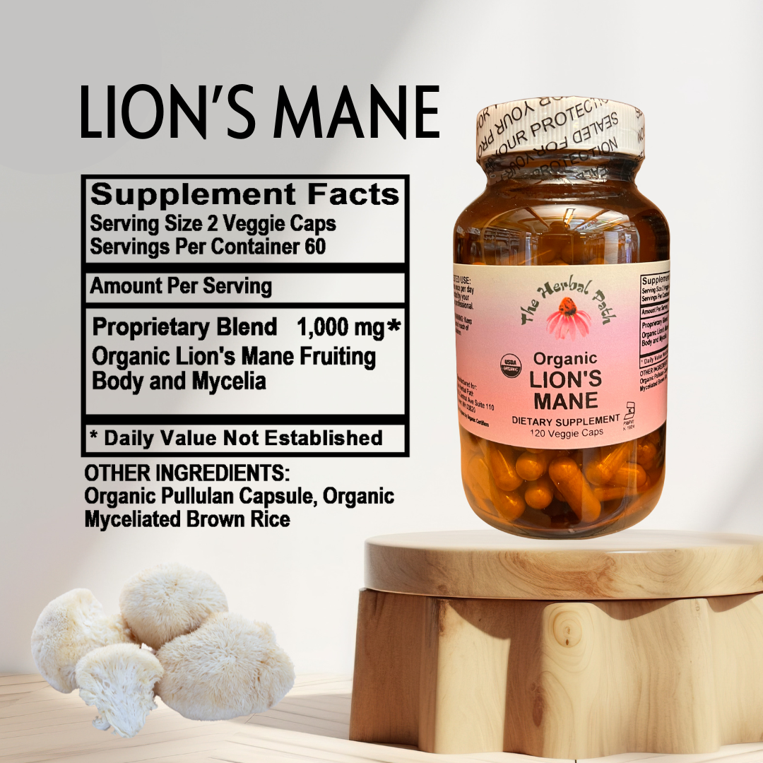 Supplement bottle labeled 'Lion's Mane' with a label and supplement facts on a wooden stand.