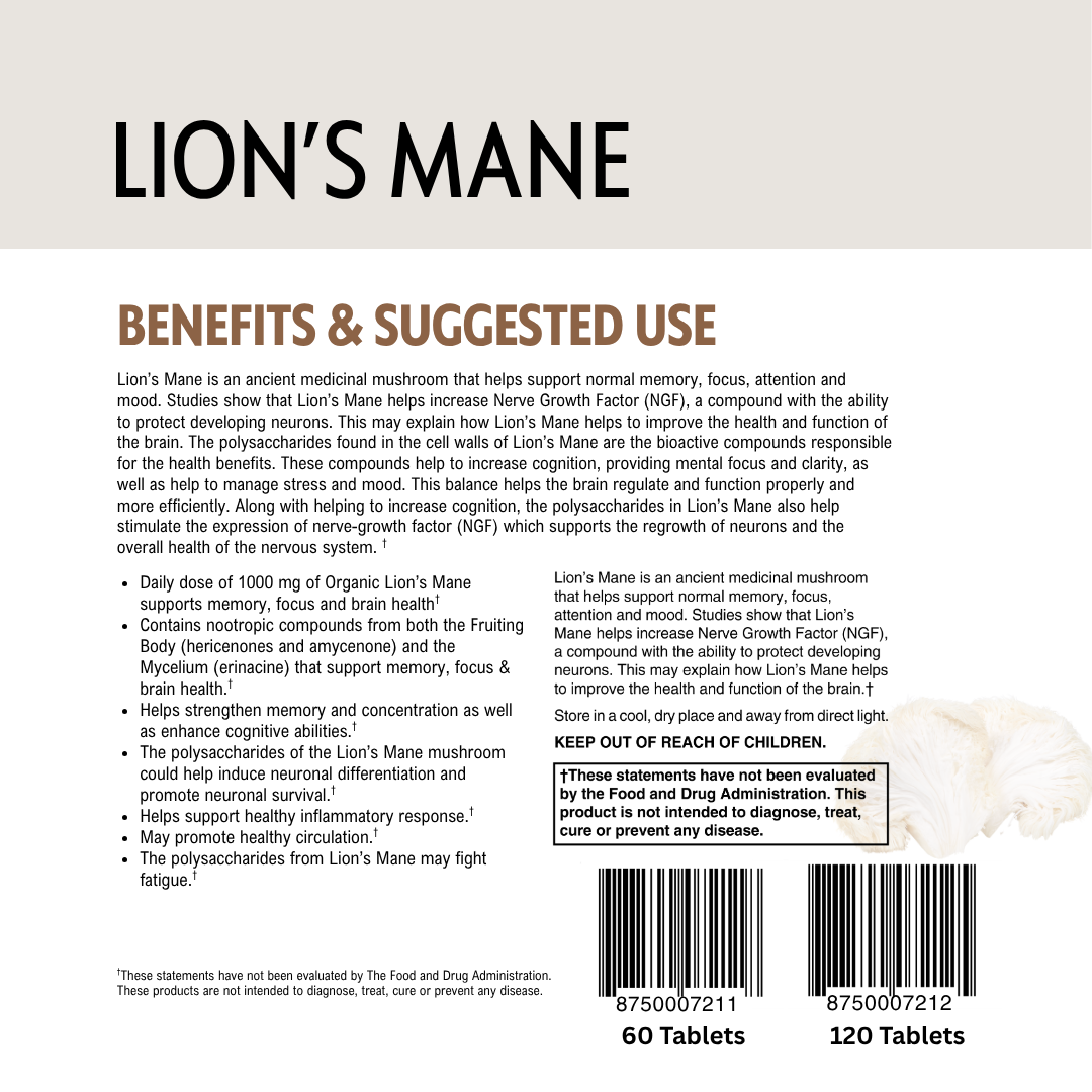Back of a supplement package for Lion's Mane with text on benefits, barcodes and usage.