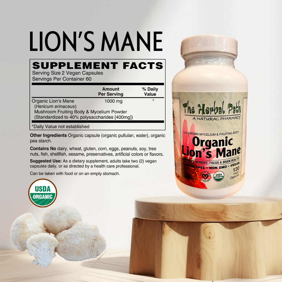 Supplement bottle labeled 'Organic Lion's Mane' with supplement facts on a light background.