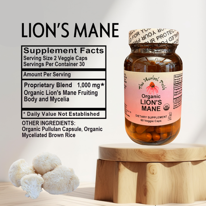 Supplement bottle labeled 'Lion's Mane' with a wooden stand and white background.