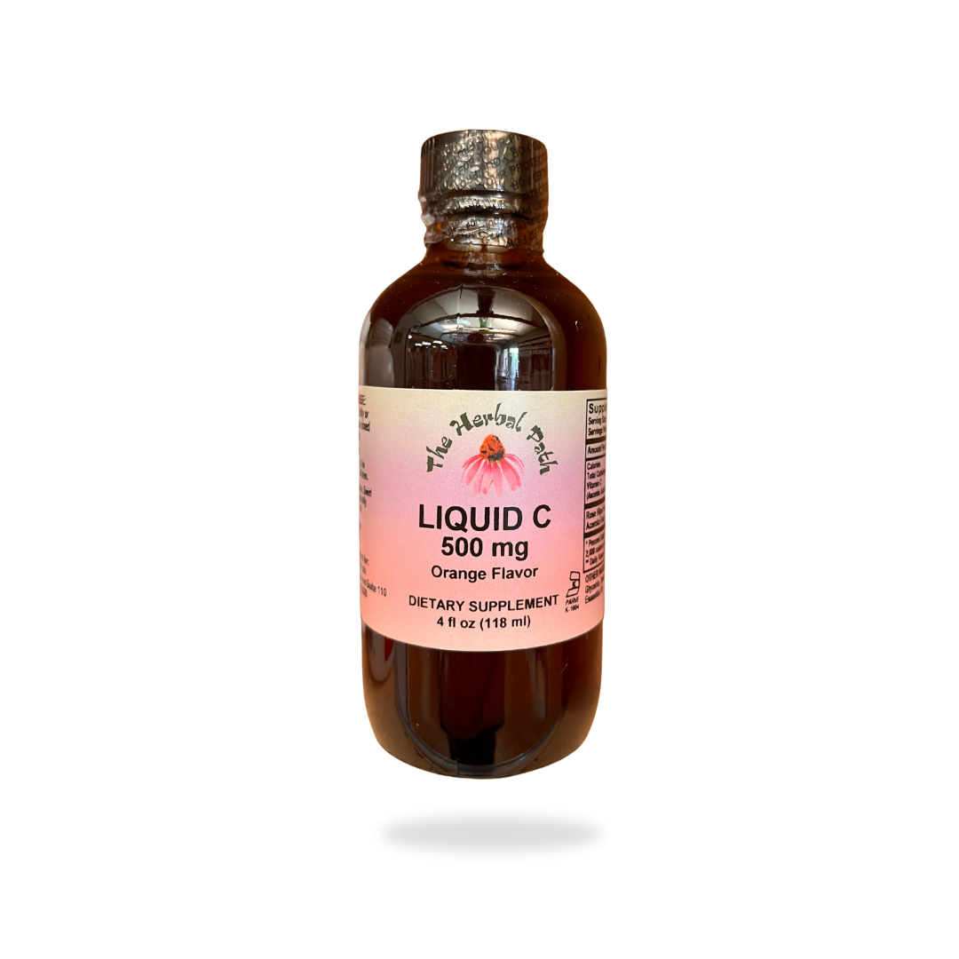 Bottle of Liquid C supplement with a pink label of The Herbal Path on a white background.