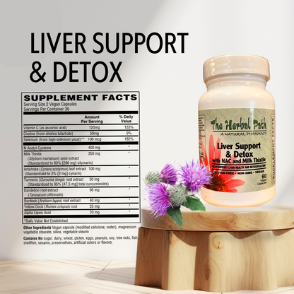 Supplement bottle labeled 'Liver Support & Detox' with supplement facts.