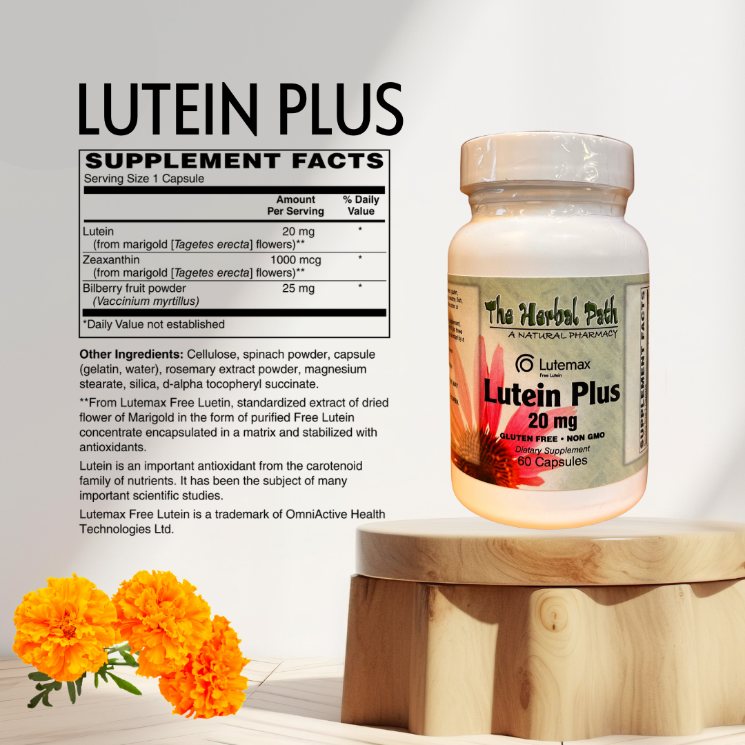 Lutein Plus supplement bottle with label on a wooden stand, featuring supplement facts on a white background.