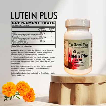 Lutein Plus supplement bottle with label on a wooden stand, featuring supplement facts on a white background.