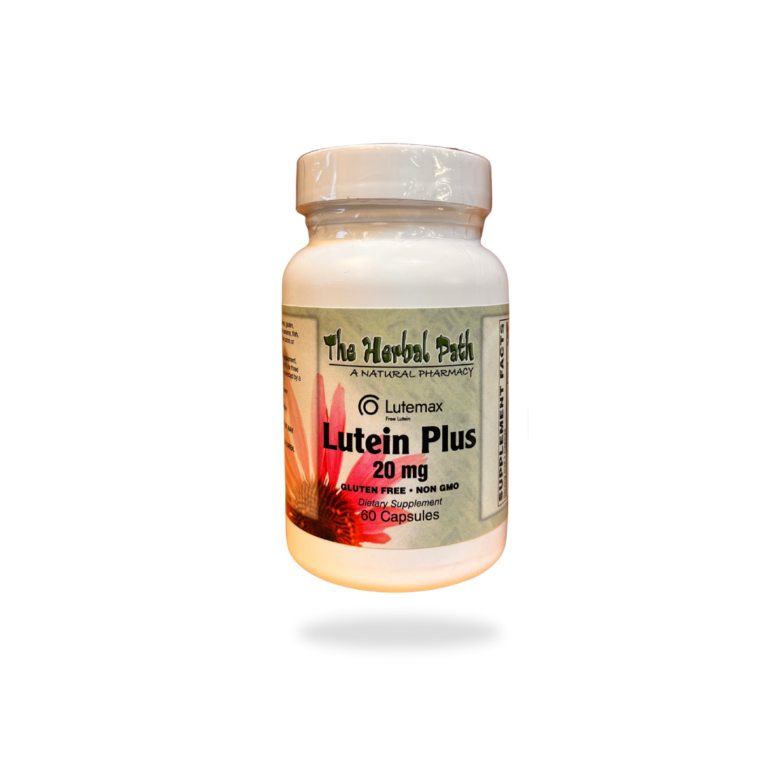 Bottle of Lutein Plus supplement from The Herbal Path on a white background.