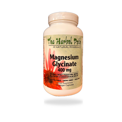 Supplement bottle labeled 'Magnesium Glycinate 400 mg' by 'The Herbal Path'