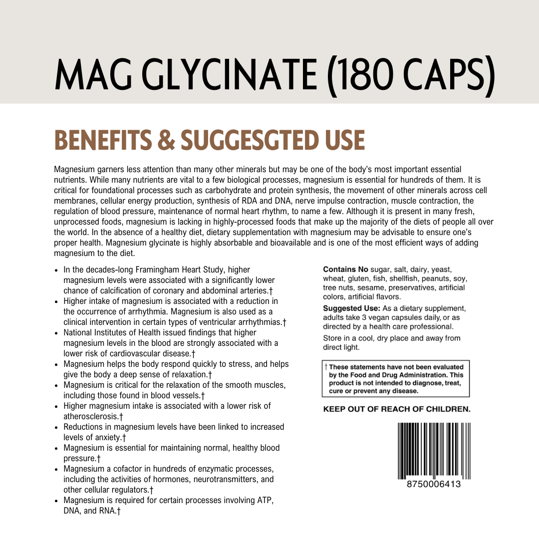Back of a supplement package labeled 'MAG GLYCINATE (180 CAPS)' with barcode and text on benefits and usage.