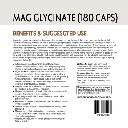 Back of a supplement package labeled 'MAG GLYCINATE (180 CAPS)' with barcode and text on benefits and usage.