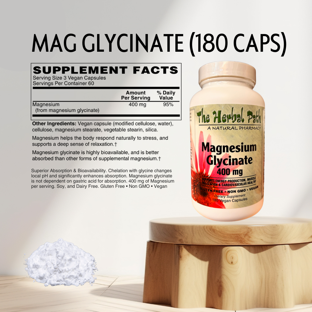 Supplement bottle labeled 'MAG GLYCINATE (180 CAPS)' with supplement facts on a neutral background.
