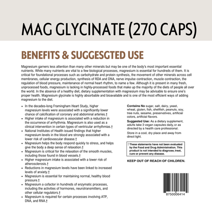 Back of a supplement package labeled 'MAG GLYCINATE (270 CAPS)' with barcode and text on benefits and usage.