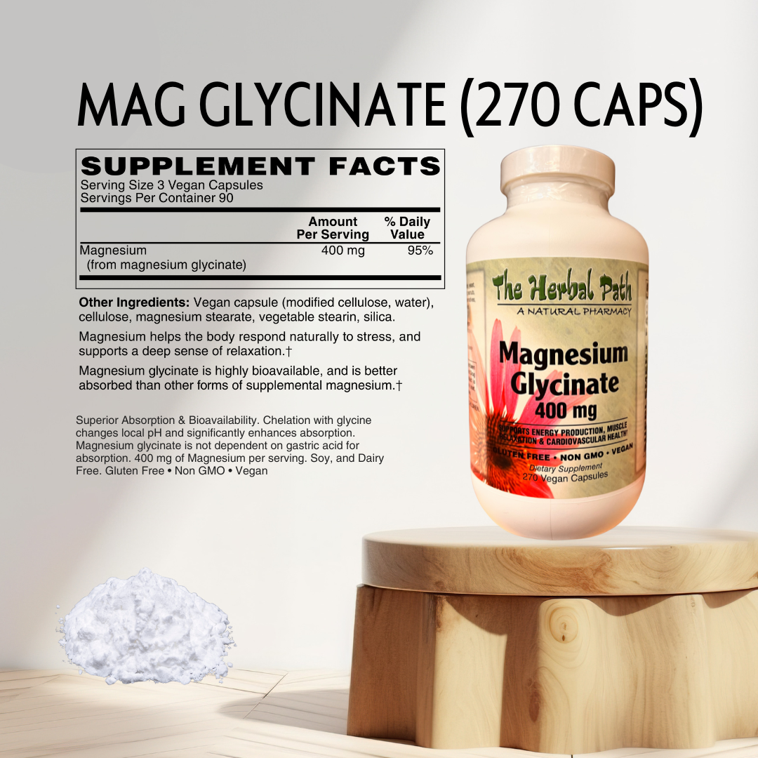 Supplement bottle labeled 'Magnesium Glycinate' with supplement facts on a neutral background.