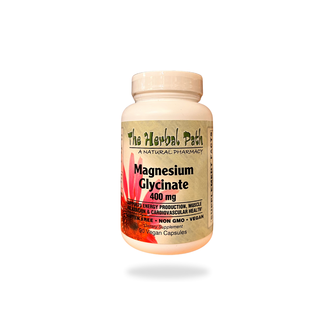 Vitamin supplement bottle labeled 'Magnesium Glycinate' by 'The Herbal Path' on a white background.