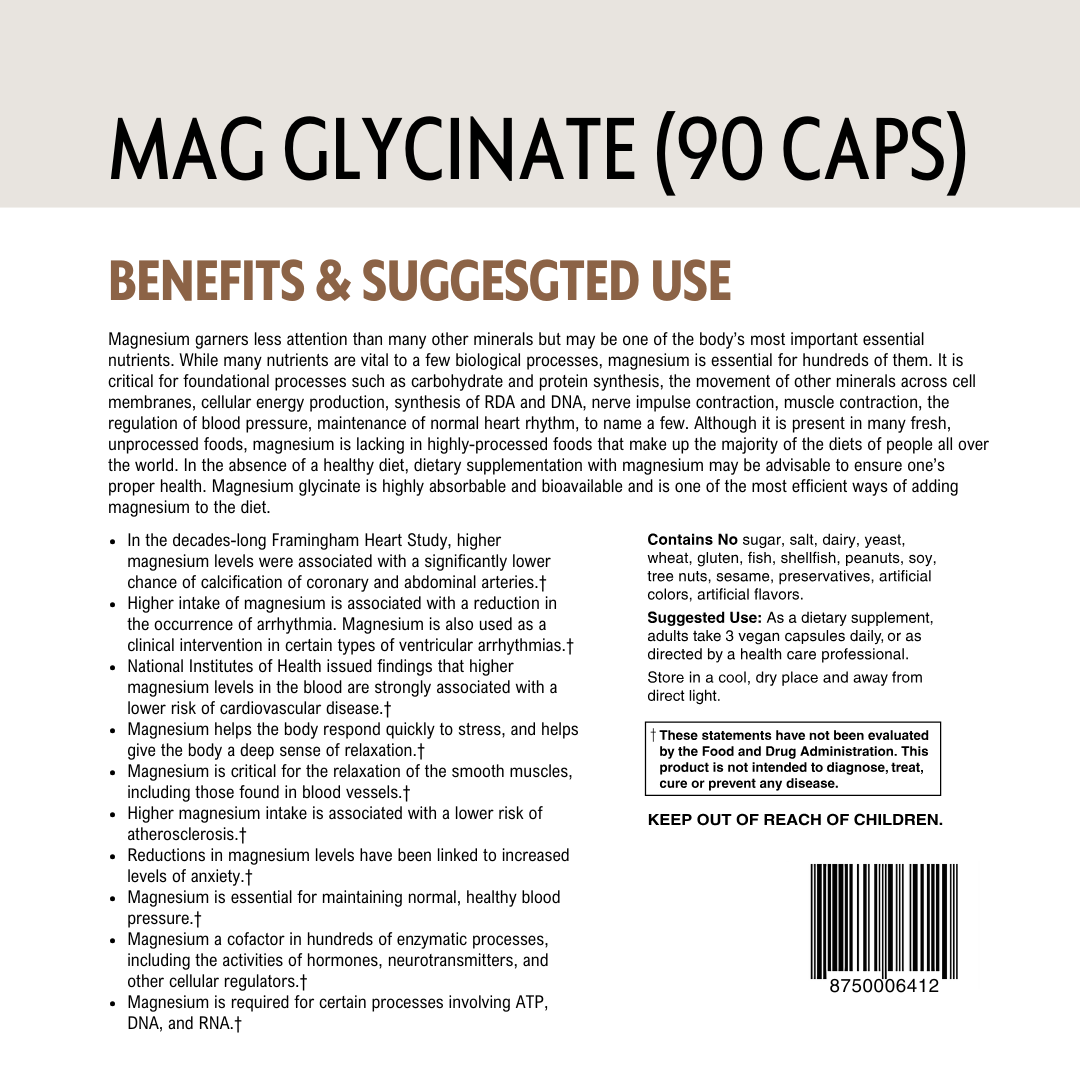 Back of a supplement package labeled 'MAG GLYCINATE (90 CAPS)' with text on benefits, barcode and usage.
