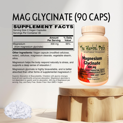 Supplement bottle labeled 'MAG GLYCINATE (90 CAPS)' with supplement facts on a neutral background.