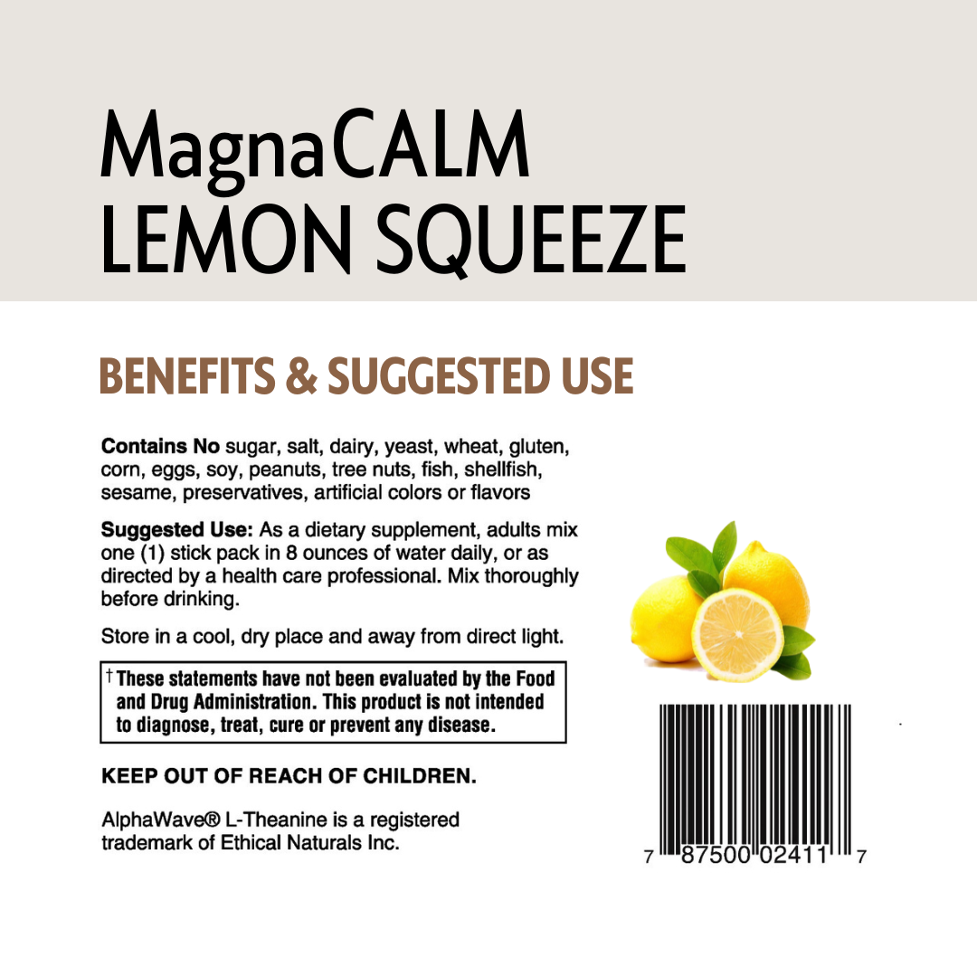 MagnaCALM Lemon Squeeze supplement label with lemon illustrations and text.