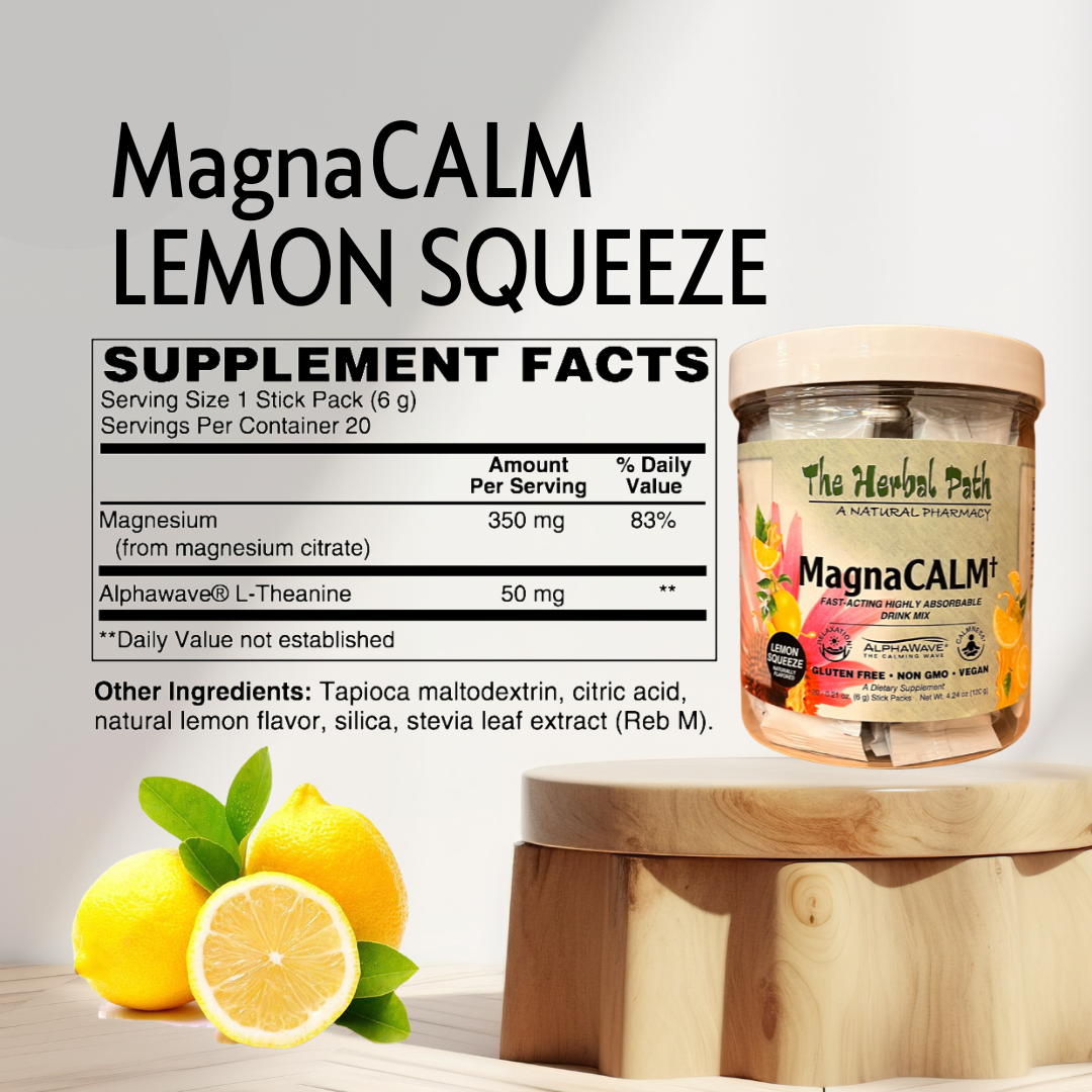 MagnaCALM Lemon Squeeze supplement jar with lemon slices and supplement facts on a light background