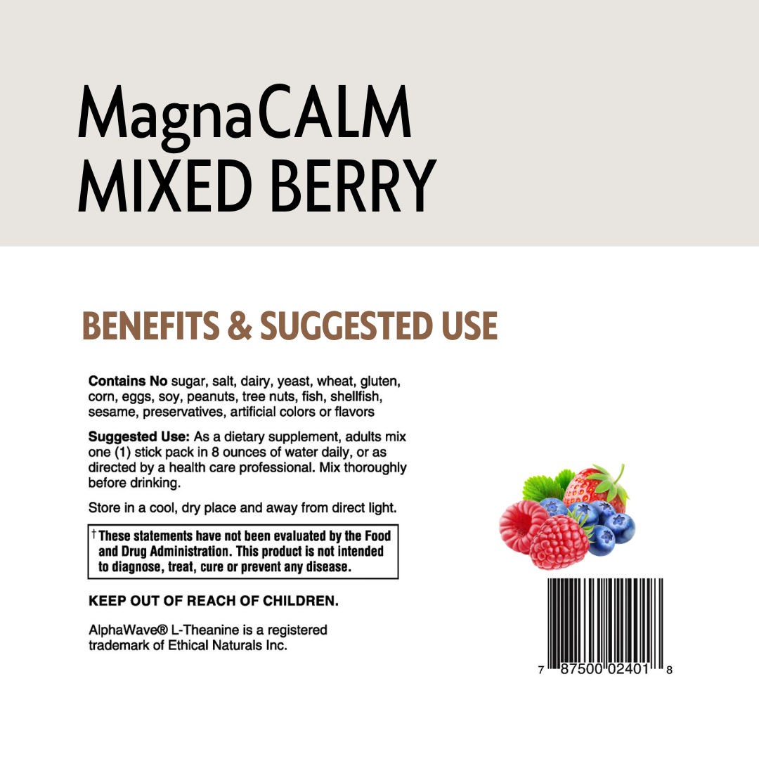 MagnaCALM Mixed Berry supplement label with text and berry illustration.