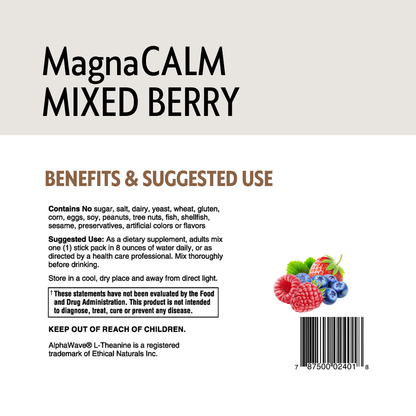 MagnaCALM Mixed Berry supplement label with text and berry illustration.