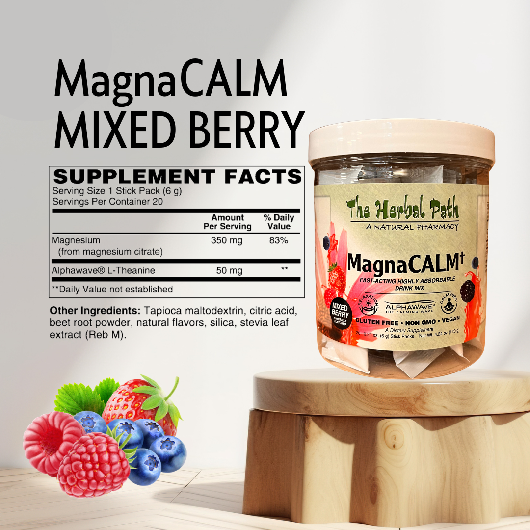 MagnaCALM Mixed Berry supplement jar with ingredients and label on a wooden stand.
